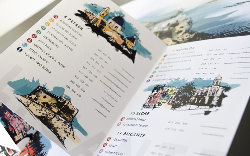 Imagen detalle de dos de las páginas de la guía turística de la Ruta del Vino de Alicante diseñada por Ideade Creatvos