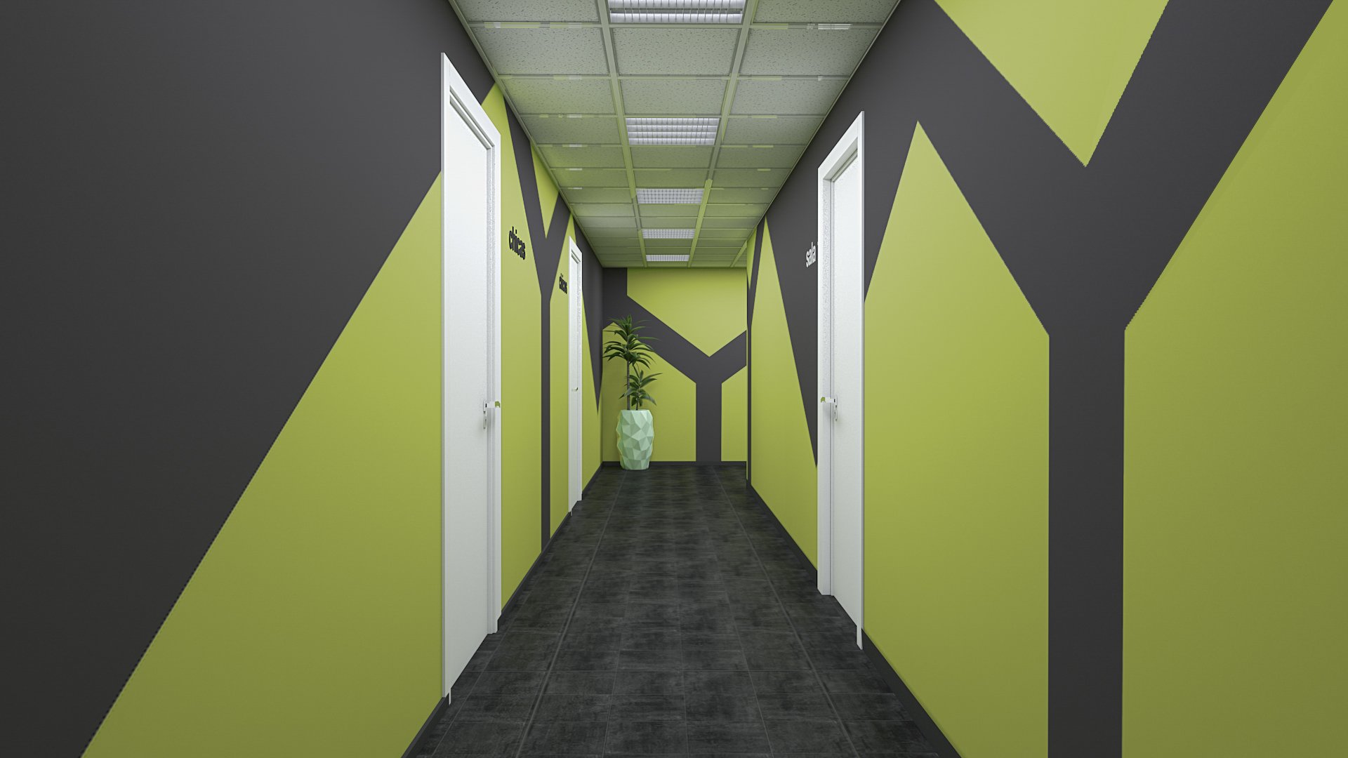 Render del diseño de interior del pasillo de Crossfit Ambit.