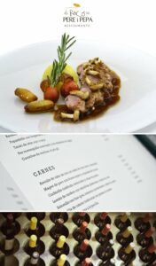 Imágenes de un plato del Restaurante Racó de Pere i Pepa, la carta y el botellero del restaurante.
