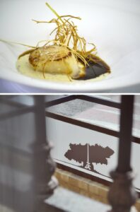 Imagen detalle de un plato del restaurante e imagen del vinilo de la ventana