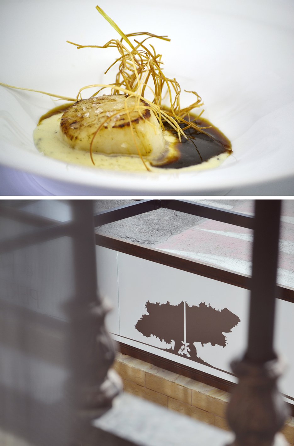 Dos imágenes: la de arriba es una imagen detalle de un plato del restaurante y la de abajo la imagen del vinilo de la ventana.