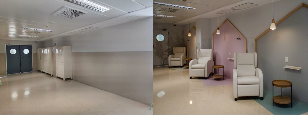 Imagen del antes y después de la misma zona una vez terminado el proyecto de interiorismo realizado por Ideade Creativos de la sala de espera de la UCI pediátrica del Hospital Clínico Universitario Virgen de la Arrixaca
