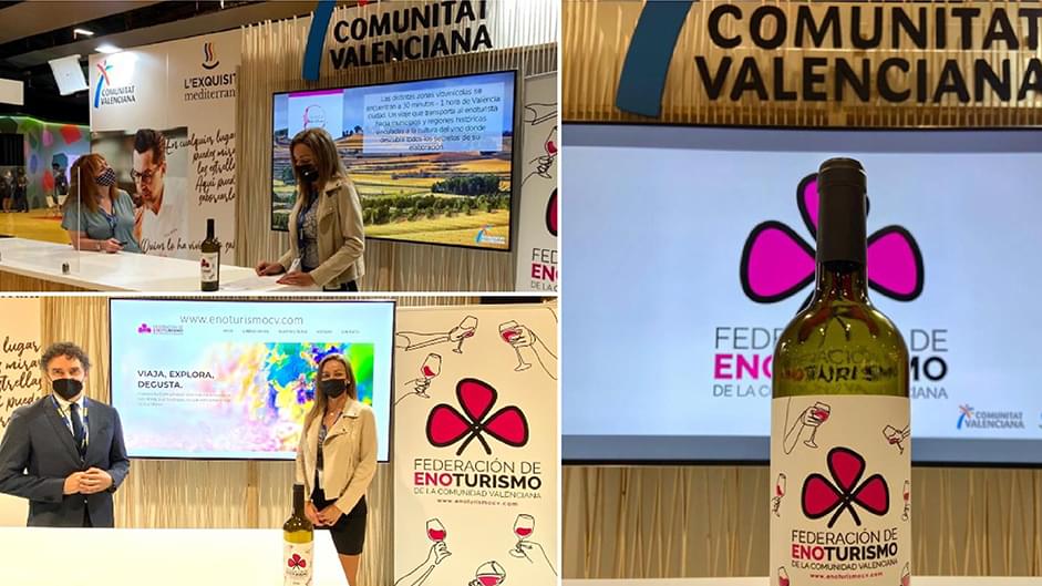 Imágenes del diseño de etiqueta y diseño de rollup para la Federación Enoturismo de la Comunidad Valenciana en su presentación