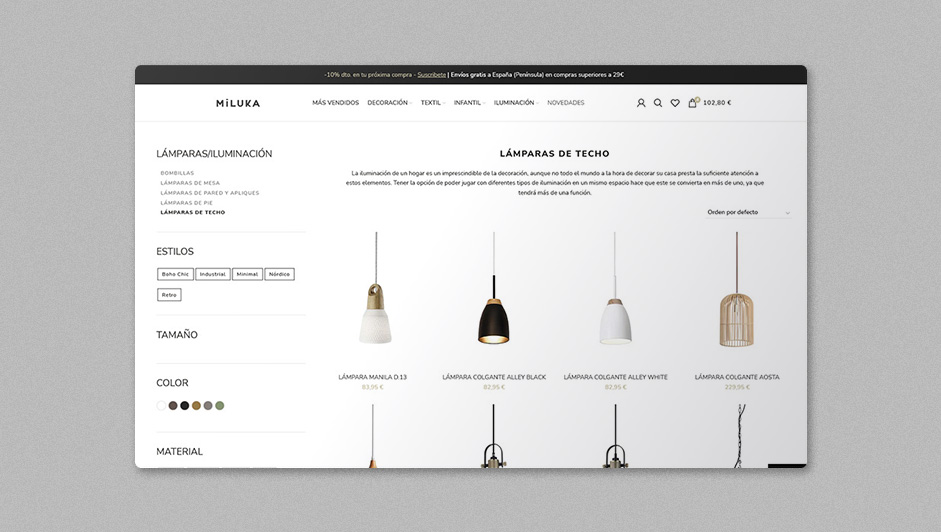Página web de la tienda de decoración Miluka, diseñada por Ideade Creativos