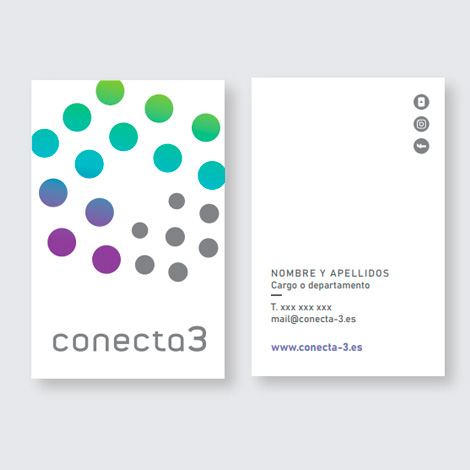 Diseño de tarjetas de visitas para Conecta 3 diseñado por Ideade Creativos.