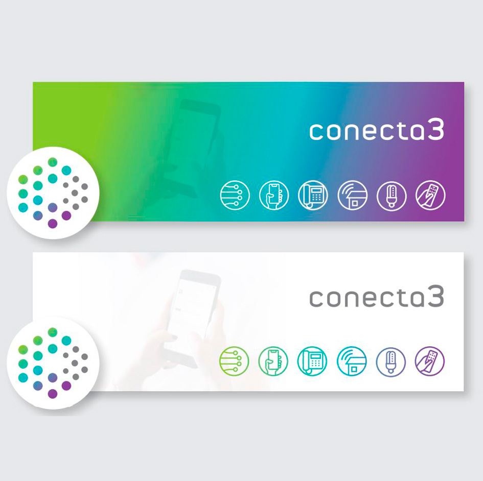 Imágenes para las cabeceras de las redes sociales de Conecta 3, diseñadas or Ideade Creativos.