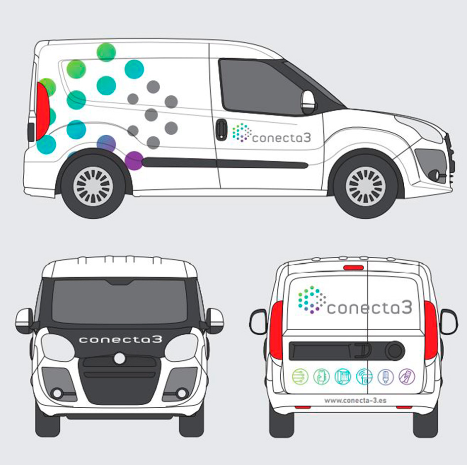 Diseño de la rotulación de vehículos de Conecta 3, por Ideade Creativos.