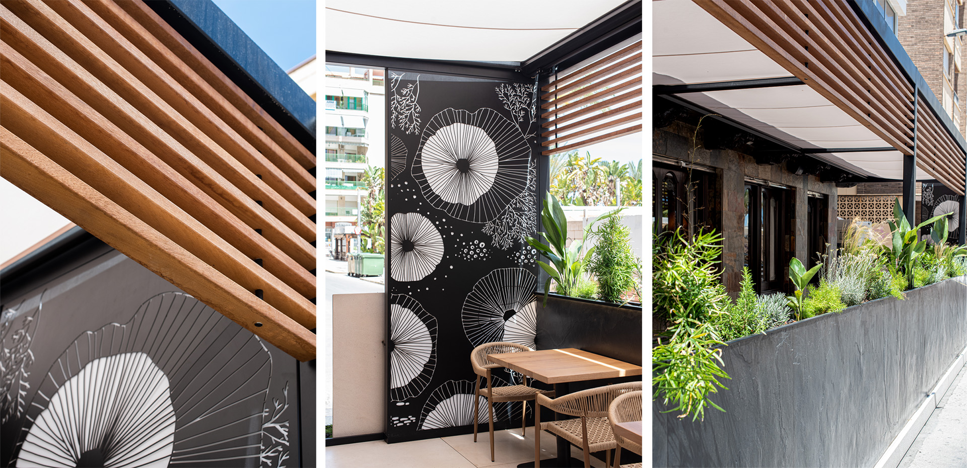 Detalles de las piezas que componen el diseño de terraza de restaurante