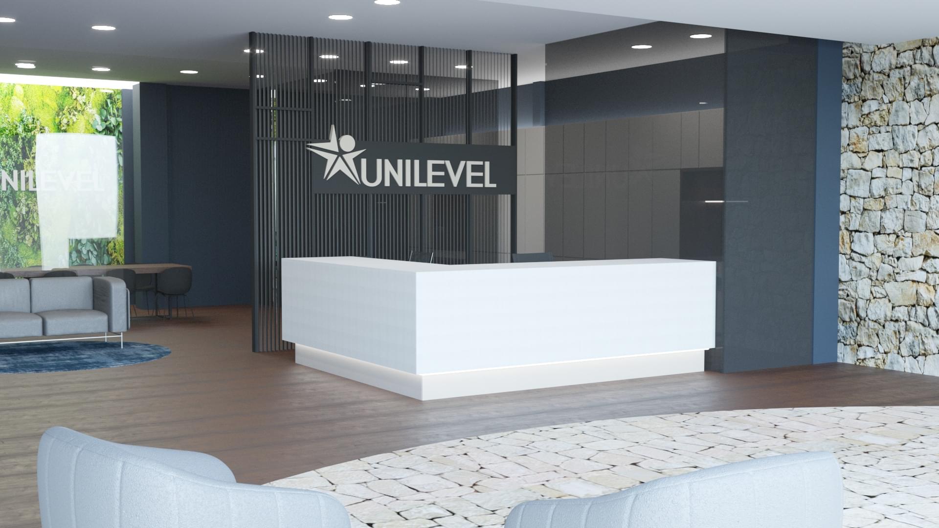 render del mostrador del proyecto de diseño de interiorismo de oficinas en Zaragoza, para la empresa de reciclaje Unilevel